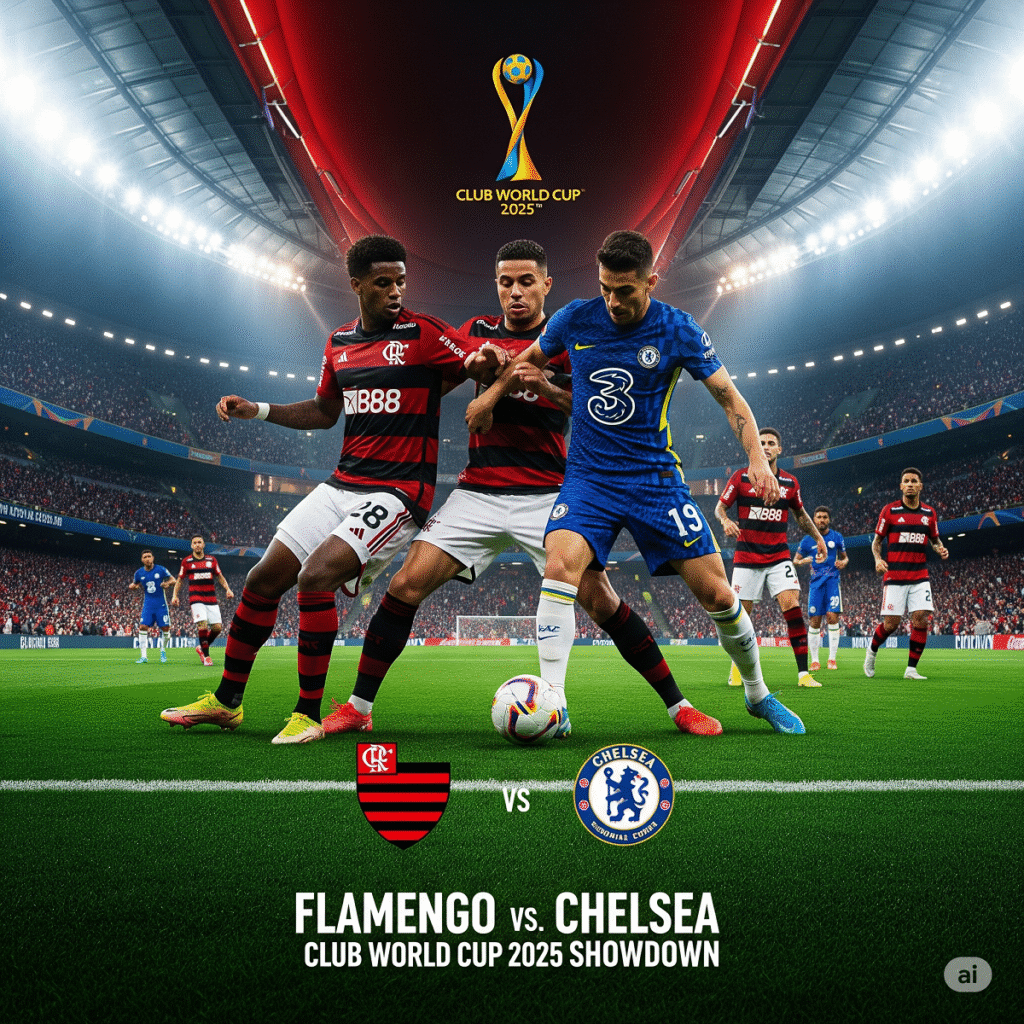 Dramatic poster featuring Chelsea’s blue lion and Flamengo’s red‑black shield clashing over Lincoln Financial Field under evening lights, with “20 June 2025 | Philadelphia” tagline.