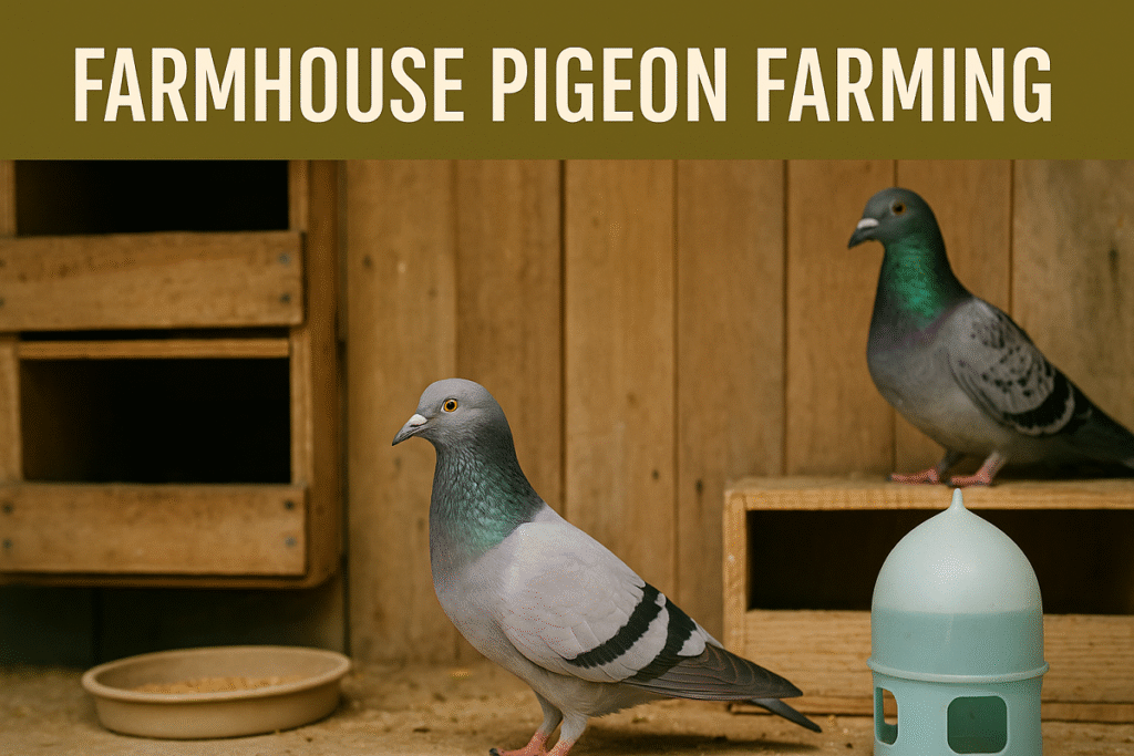 A group of healthy pigeons in a clean wooden loft inside a farmhouse, with food and water containers. pigeon farming in farmhouse