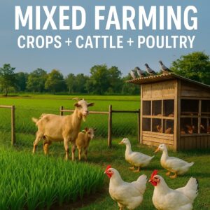 A small farmhouse with green crop fields, a goat shed, and a poultry house in the same farm layout, showcasing sustainable mixed farming.