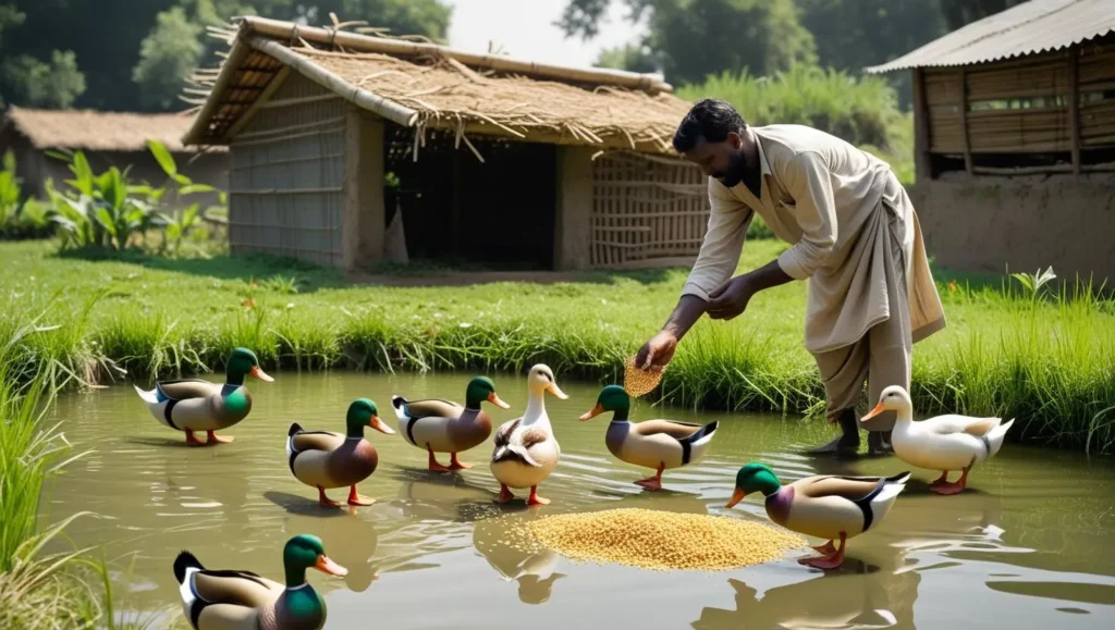 A small-scale duck farm in rural Bangladesh with Khaki Campbell ducks walking near a pond, and a farmer feeding them beside a simple tin-roofed duck shed.