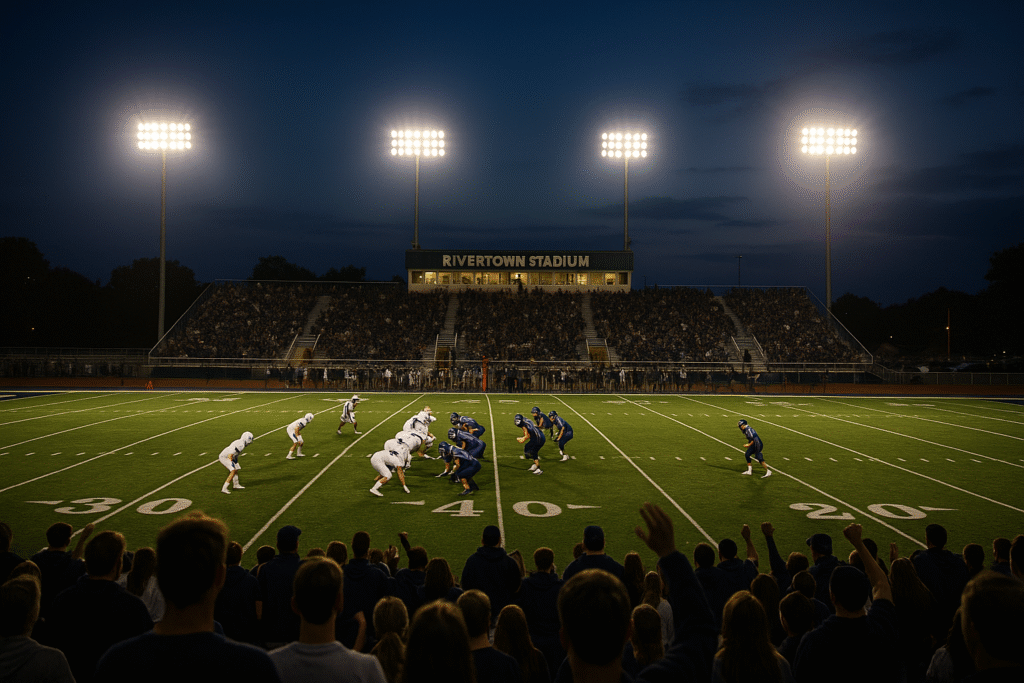 Panoramic view of a packed high-school stadium during a night game—players at the line of scrimmage, lights blazing, and a cheering hometown crowd in the stands.