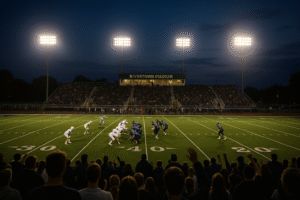 Panoramic view of a packed high-school stadium during a night game—players at the line of scrimmage, lights blazing, and a cheering hometown crowd in the stands.