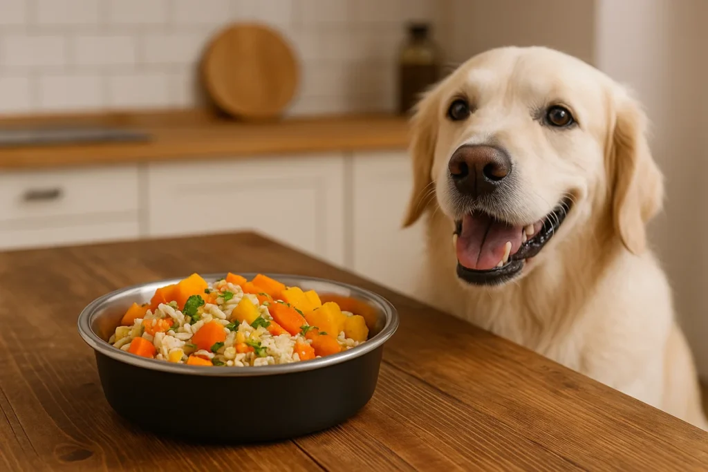 Fresh homemade dog food in a bowl with a happy dog beside it