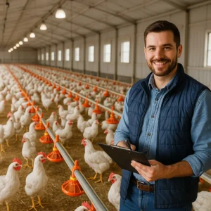 A smiling farmer holding a clipboard stands inside a well-lit poultry farm with rows of white chickens feeding under pendant lights.
