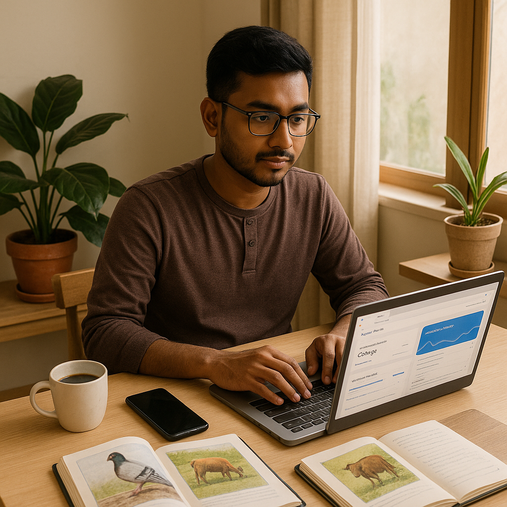 Young entrepreneur starting a business from home with no capital using a laptop in 2025
