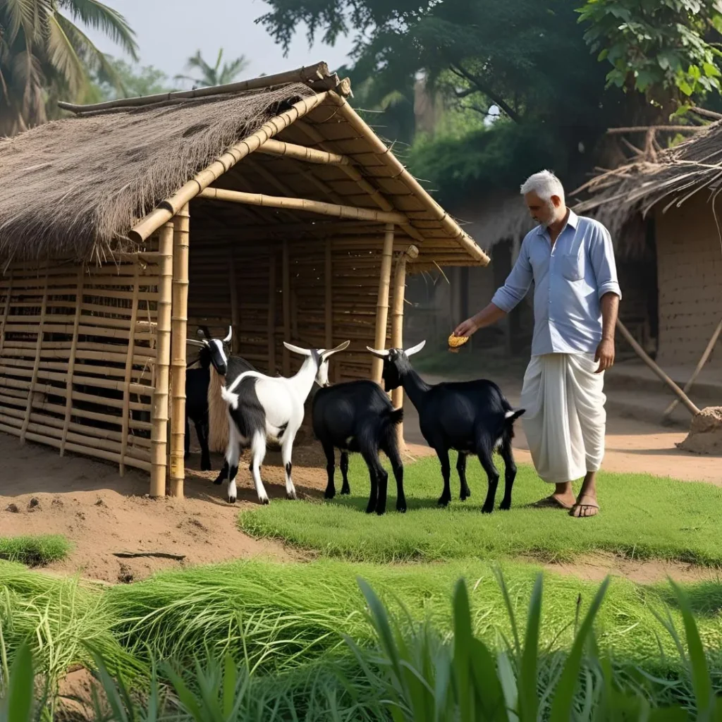Black Bengal goats grazing near a simple bamboo shed in a rural Bangladesh village, representing low-cost goat farming.