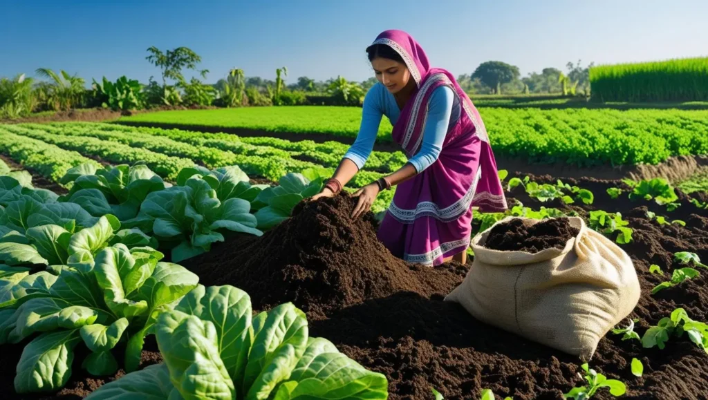 A Bangladeshi farmer applying organic compost made from cow dung and plant waste to a vegetable field in a rural setting