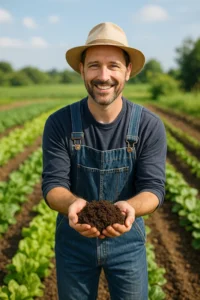 A smiling farmer holding compost in his hands stands in a lush vegetable garden, wearing a straw hat and denim overalls under a bright blue sky.