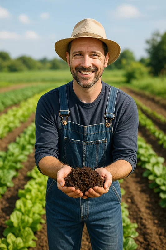 A smiling farmer holding compost in his hands stands in a lush vegetable garden, wearing a straw hat and denim overalls under a bright blue sky.