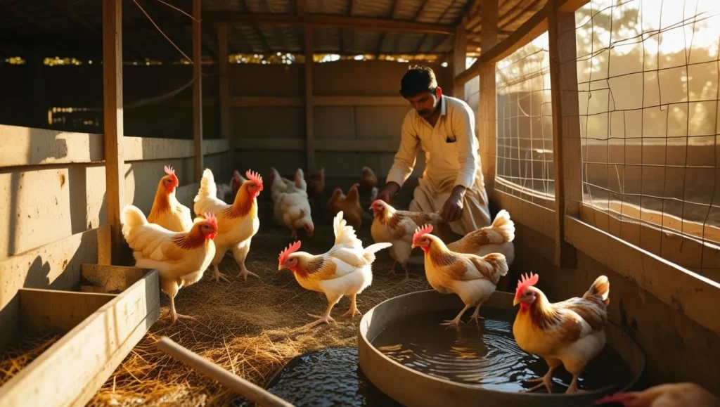 Chickens inside a semi-crowded poultry coop in rural Bangladesh showing signs of both good and poor poultry management.