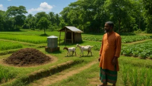 A rural Bangladeshi farm showing sustainable agriculture practices including crop rotation, organic fertilizer use, and natural water conservation