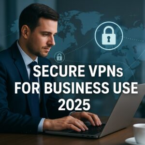 Businessman using a laptop with secure VPN connection and global network overlay for business data protection in 2025