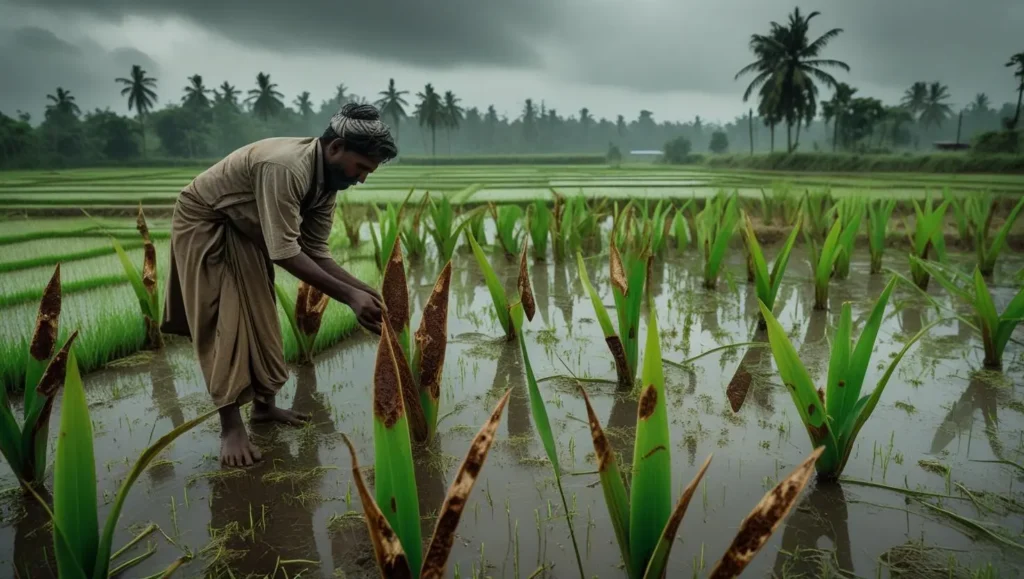 Rice plants infected with blast disease showing brown lesions, with a farmer inspecting the field in rural Bangladesh.